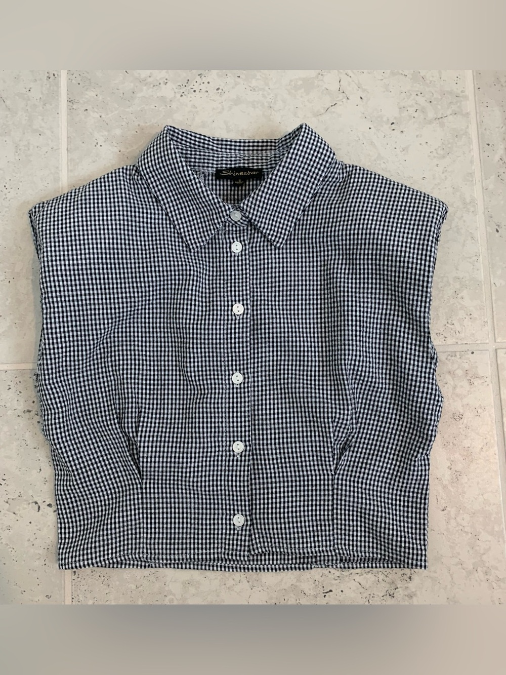 Shinestar Black and White Gingham Button-Down Cropped Blouse